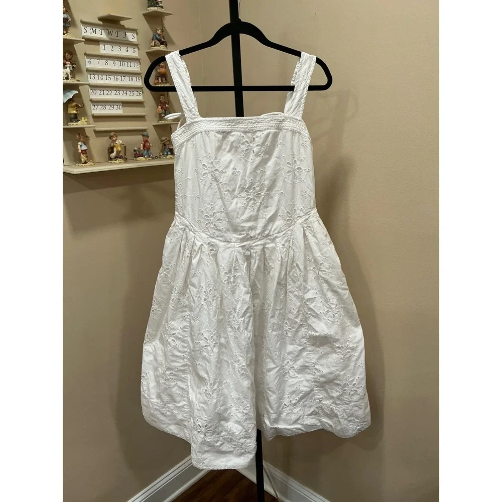 Free People Primavera Eyelet Lace Midi Dress XS White Boho Square Neck Tie Back